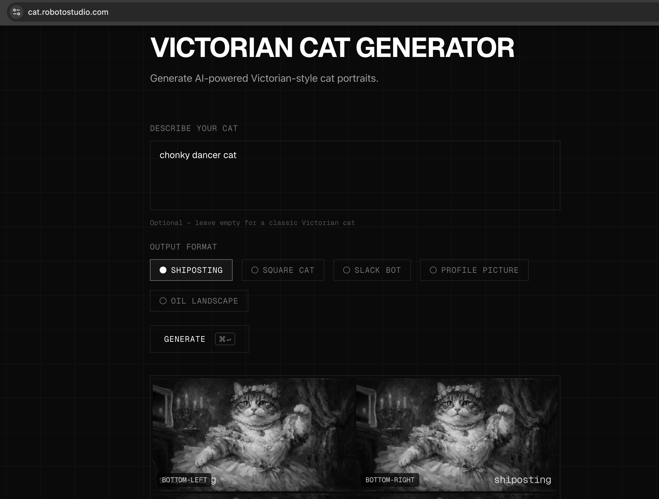 Victorian cat image generator built by Roboto Studio