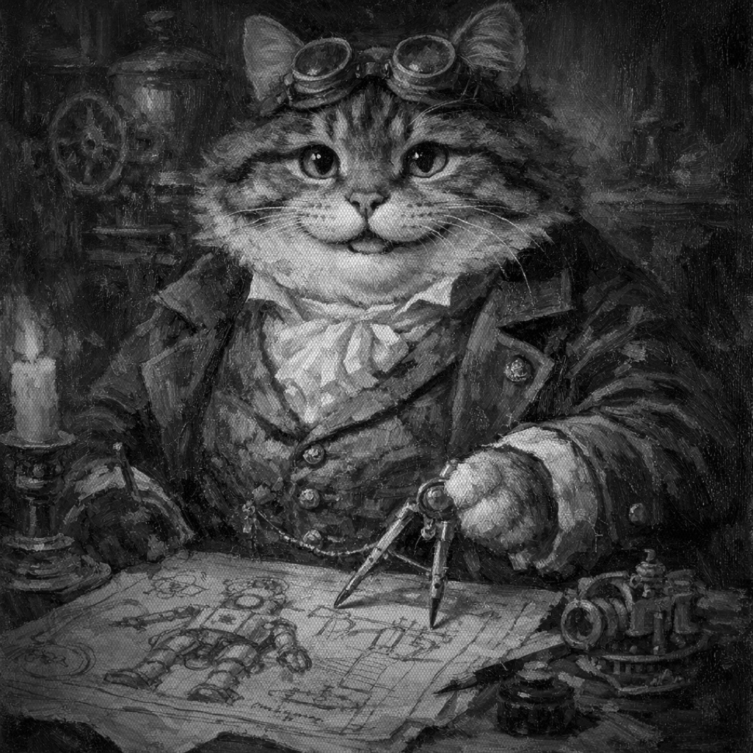 An extremely round Victorian cat inventor working on automation blueprints