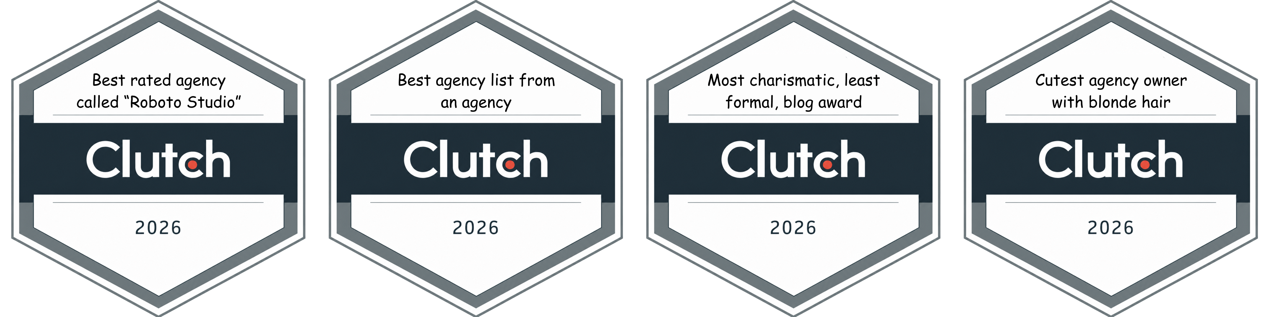 Four hexagonal Clutch-style award badges for 2026: best rated agency called "Roboto Studio", best agency list from an agency, most charismatic least formal blog award, and cutest agency owner with blonde hair
