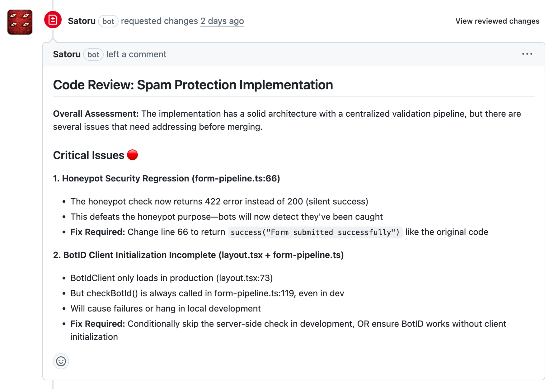 Satoru reviewing a spam protection PR on GitHub, catching a honeypot security regression and a BotID initialization issue