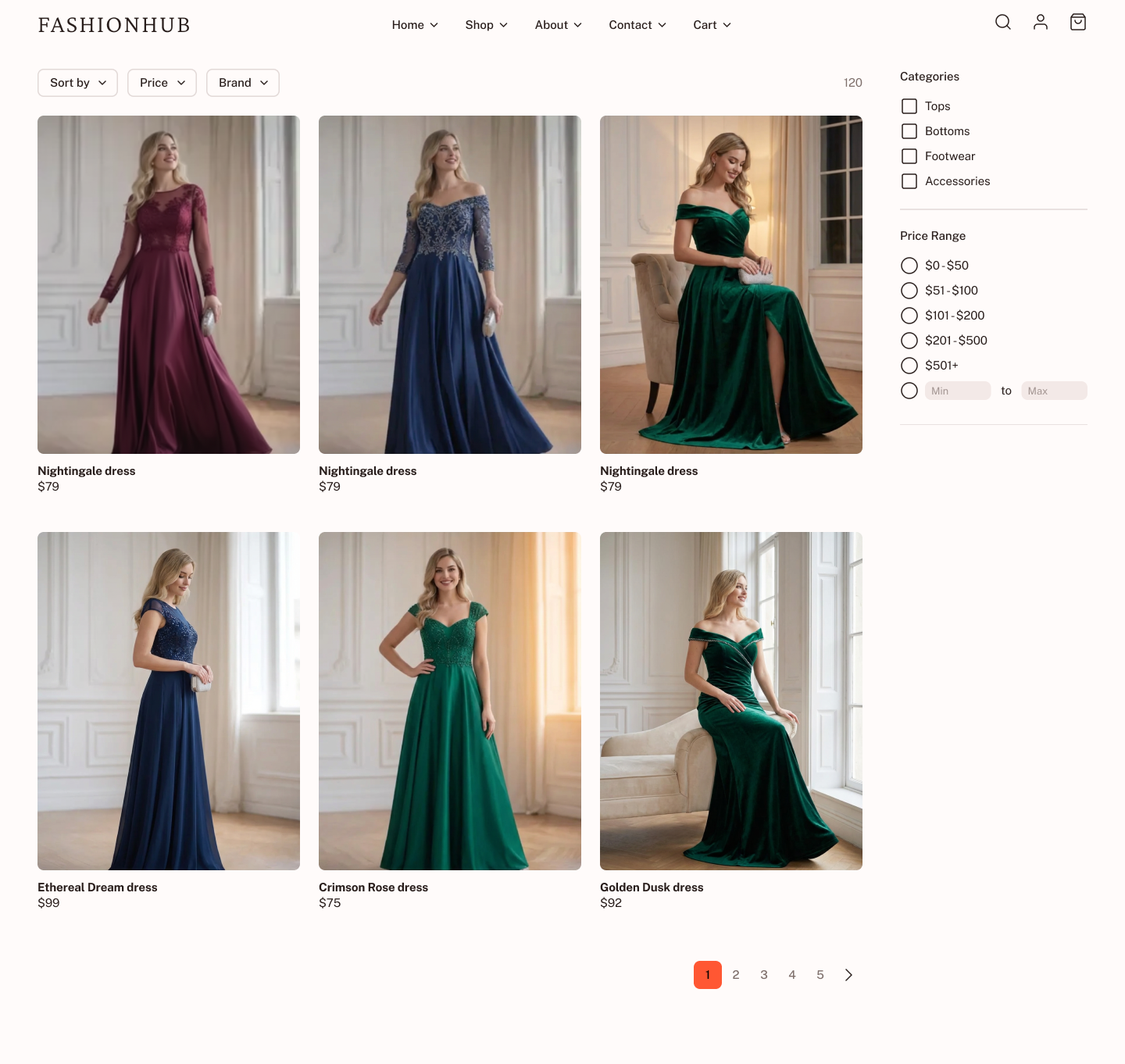 FASHIONHUB e-commerce page displaying six different formal dresses with category and price filters